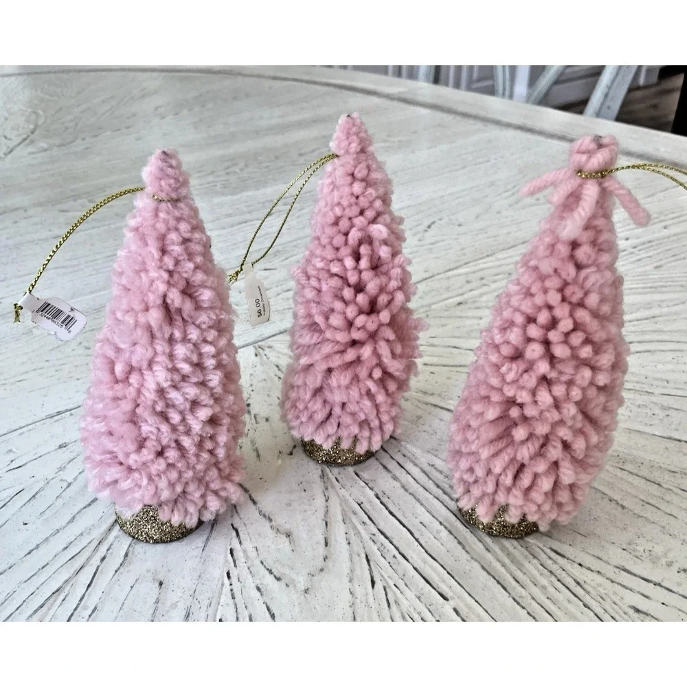 NWT  Set of 3 Pink Yarn Trees Gold Glitter Base Christmas Ornaments